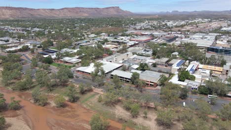 revealing shot of commercial establishments by the riverbank