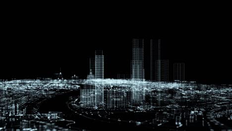 입자의 디지털 도시: 4k 원활한 루프, 스카이 스크래퍼 그룹을 돌아다닙니다.