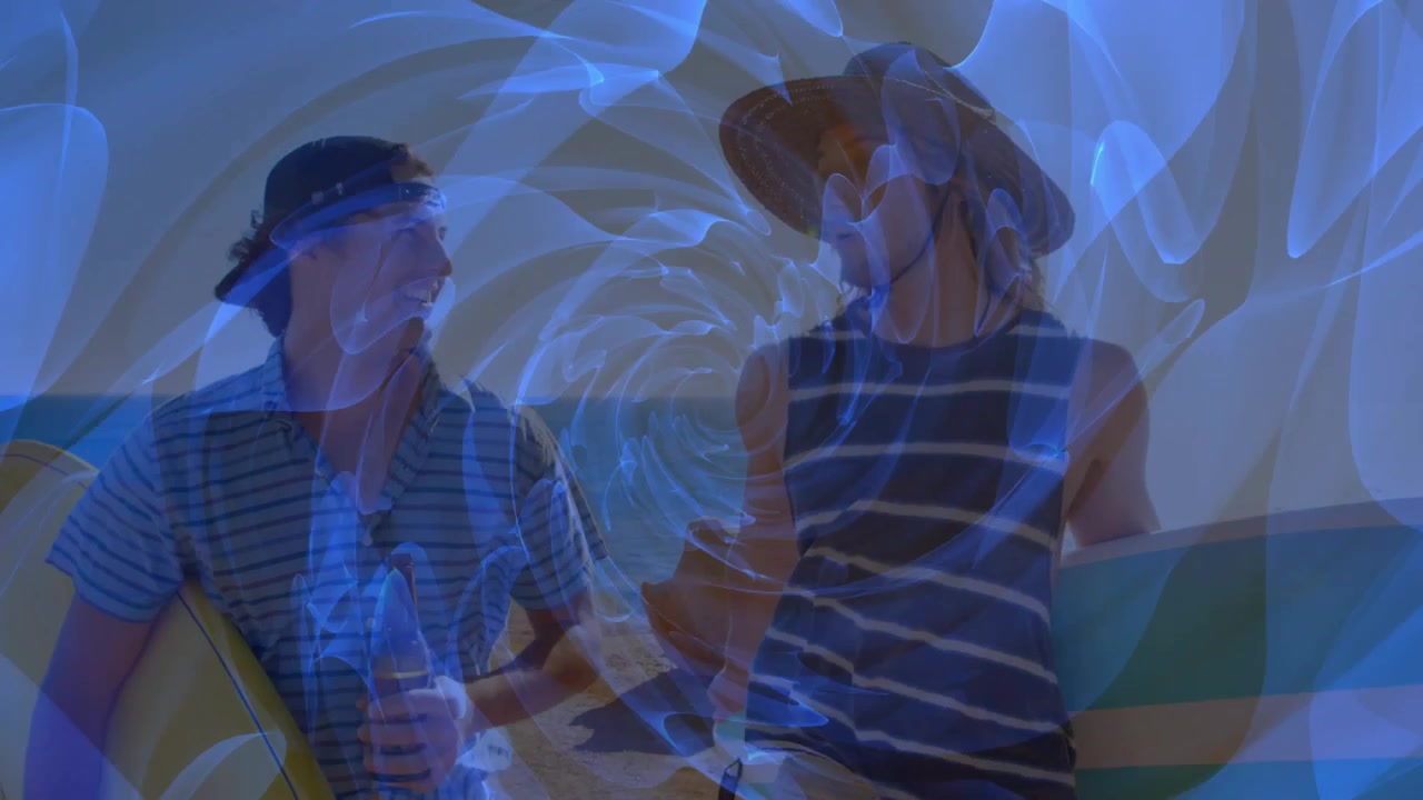 Two surfers with boards and bottle talking while rotating blue spiral reacting to motion for travel