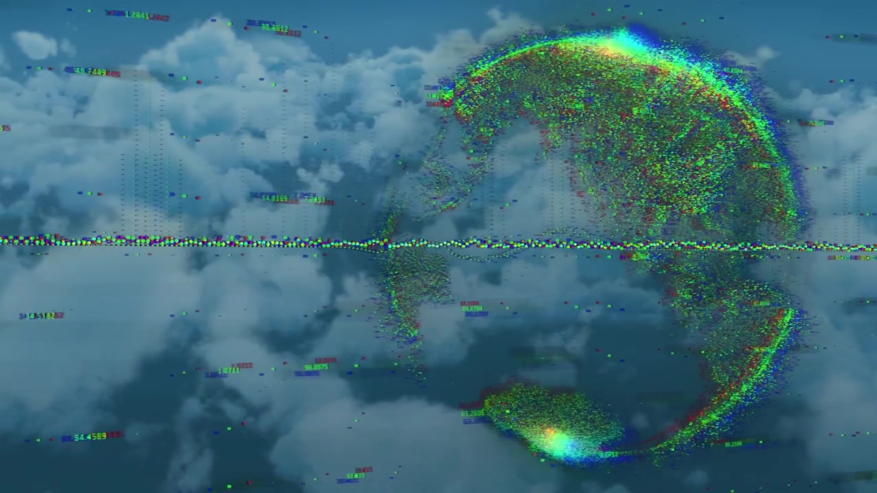 Animation of financial graphs and globe over clouds
