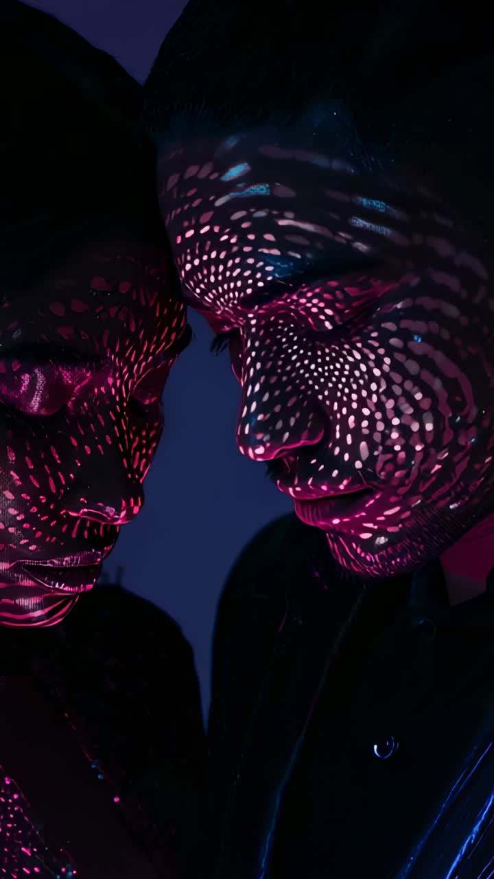 Vertical video: Standing couple holding pose under projector casting magenta cyan dots in studio