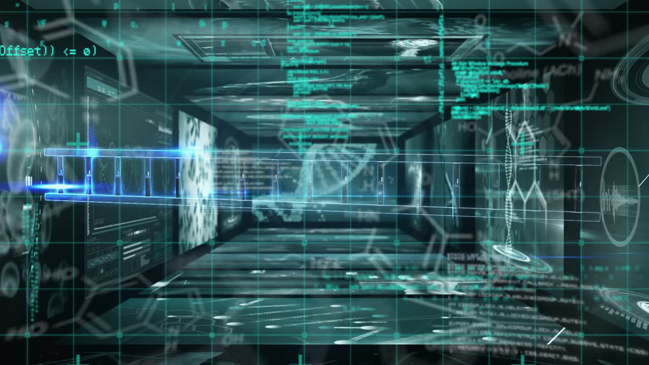 Animation of diverse data processing and dna on digital screens on black background