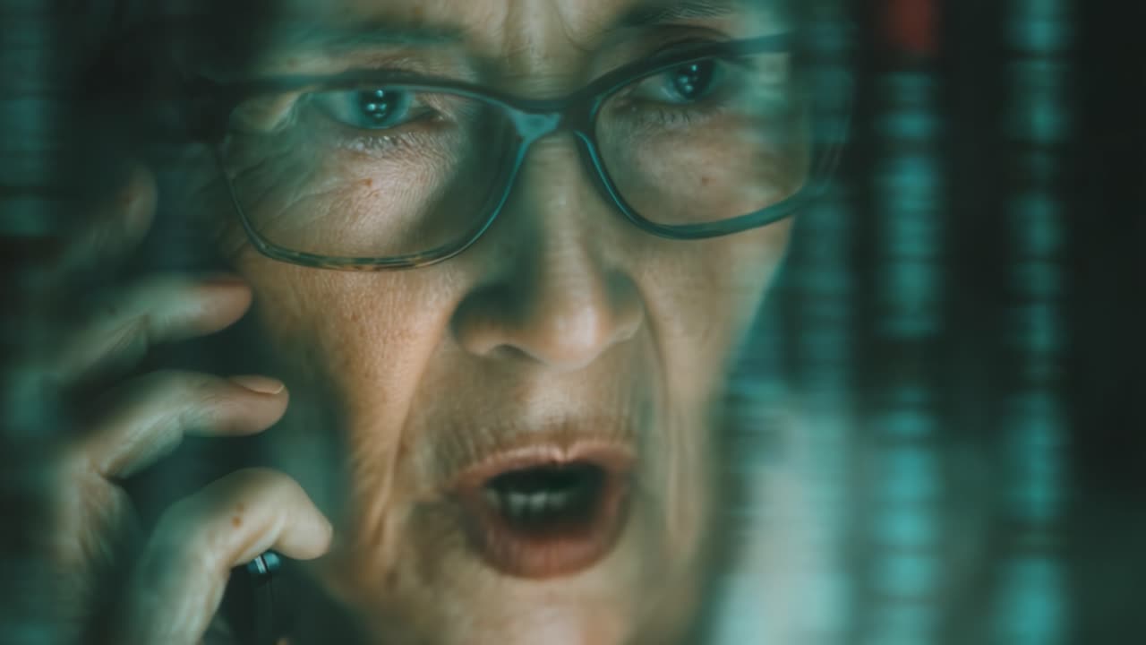 An intense moment of focus captured in two frames, showcasing a mature woman engaged in a phone conversation while surrounded by a digital landscape, symbolizing connection and communication