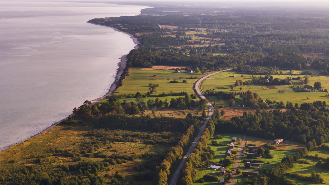 Beautiful Coastal Road Scenery (Aerial) Over P111 Highway; Travel, Vacation, And Tourism From Strante To Ulmale, Latvia.