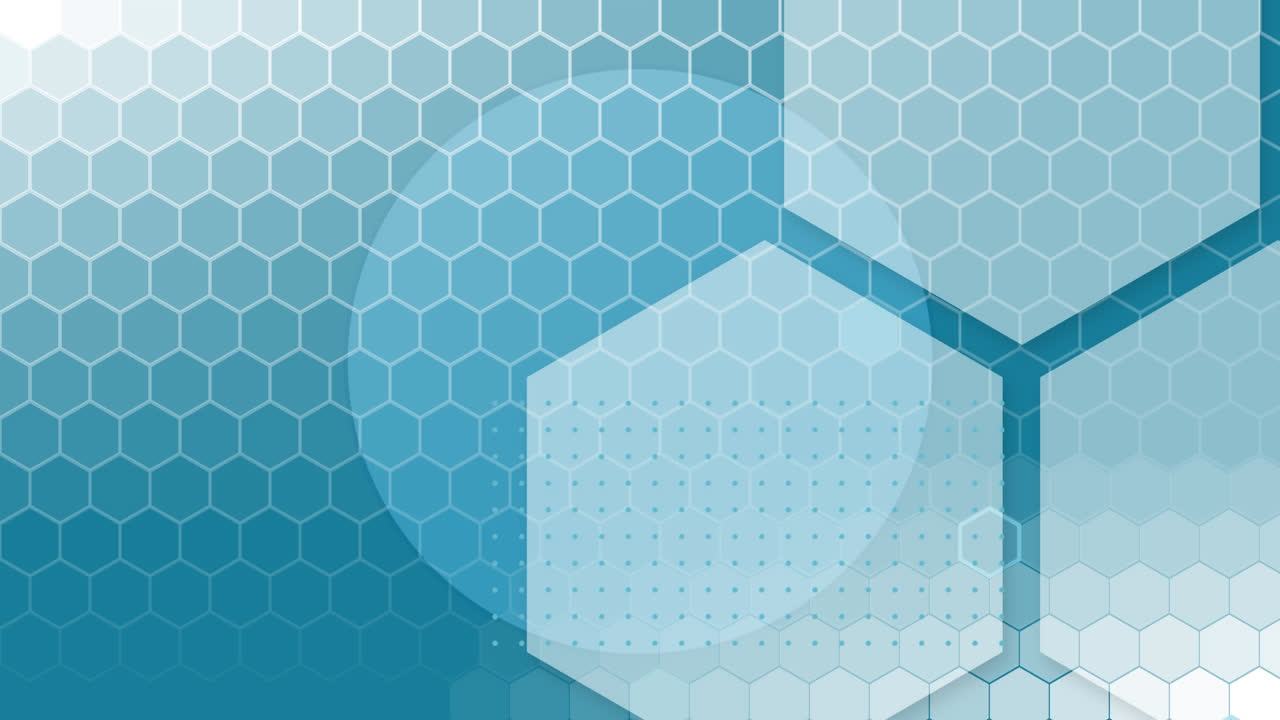 animación de una red de hexágonos y procesamiento de datos sobre fondo azul