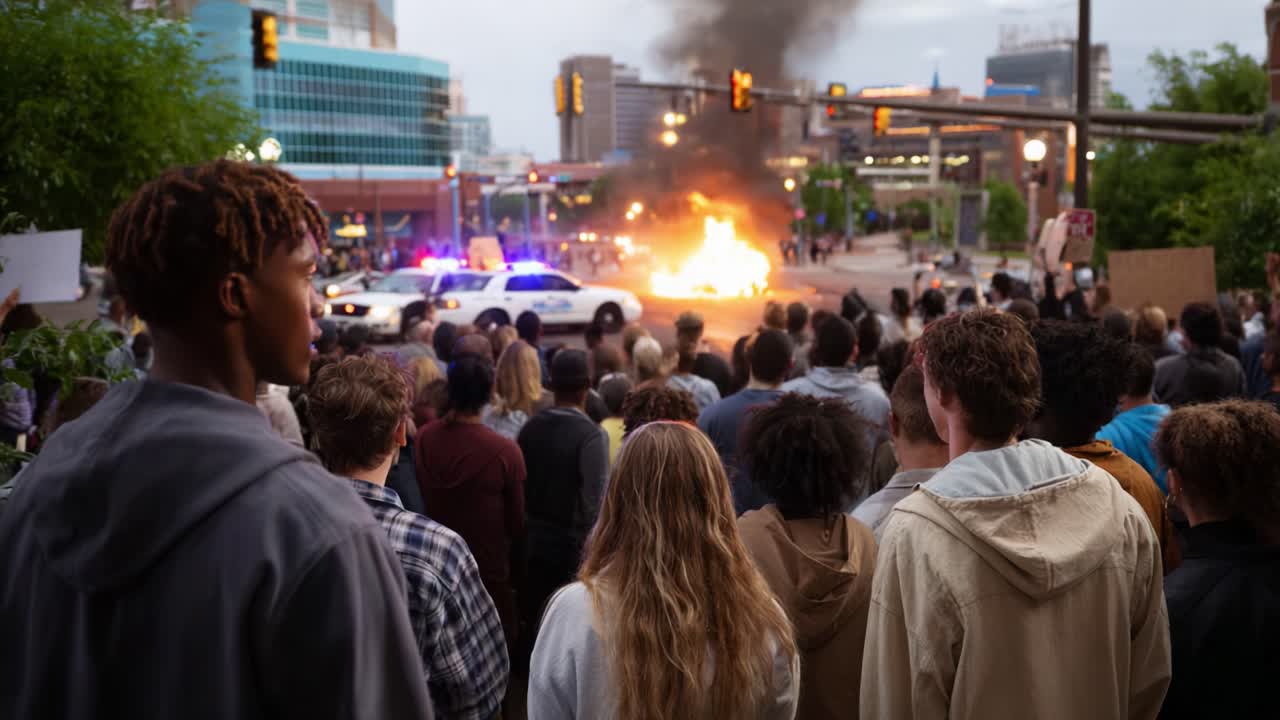 La folla osserva con orrore le fiamme che divampano da un veicolo della polizia durante i disordini in città, evidenziando le tensioni e le reazioni emotive nel caos