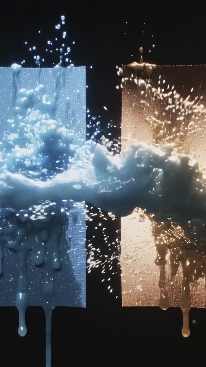 Vertical video: Bursting foam plume from left sweeping backlit panels in studio, spraying droplets