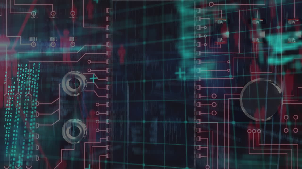 Animation of data processing over computer circuit board on black background