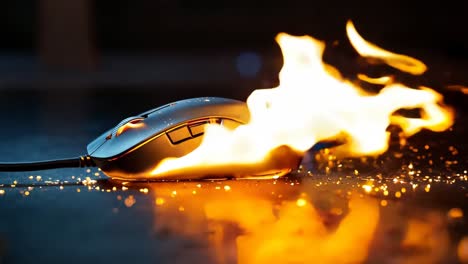 un ratón de computadora en llamas en el suelo
