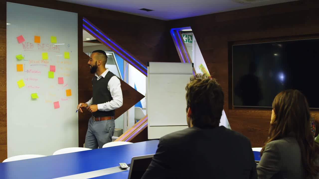 ejecutivo discutiendo en una pizarra de vidrio 4k