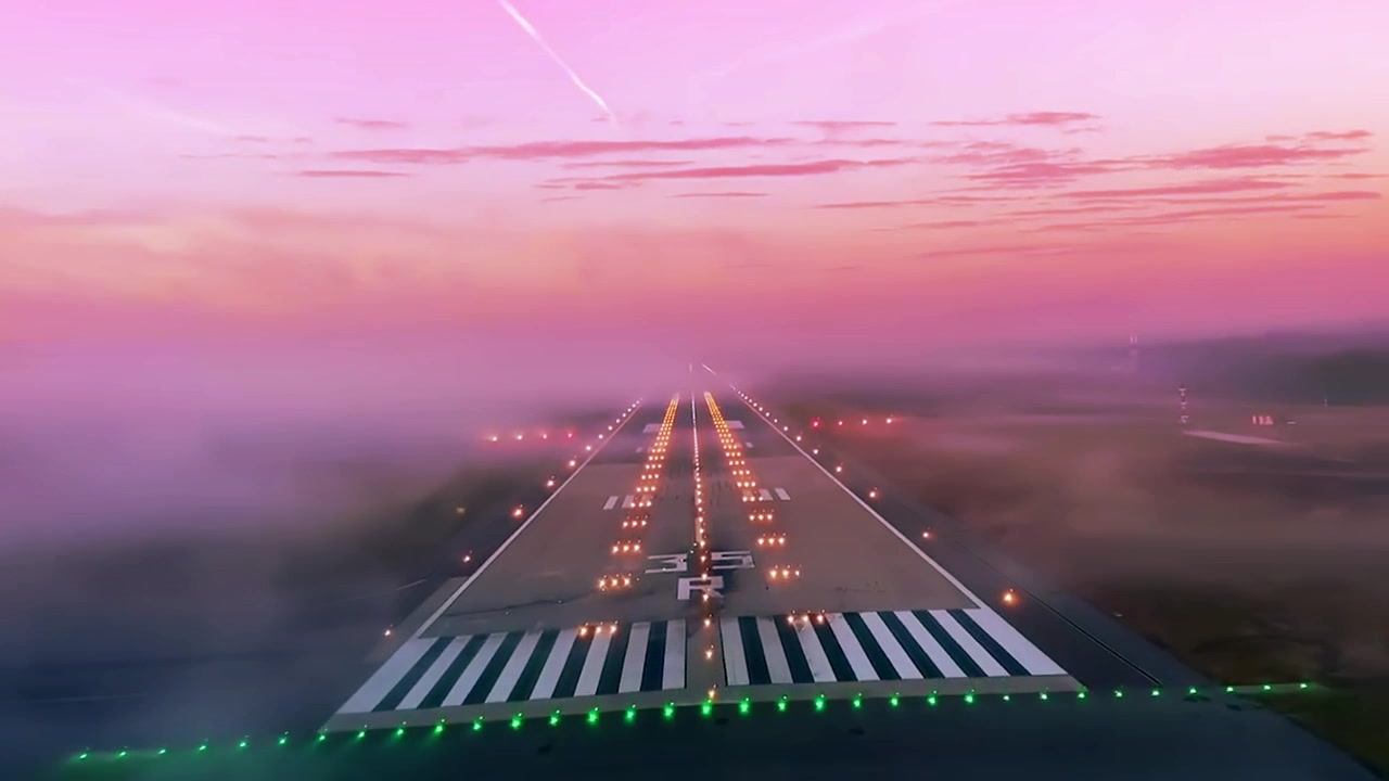 Increíble vista de un avión aterrizando en la pista del aeropuerto vista desde la cabina con un cielo de color naranja y rosa. Concepto de arte digital
