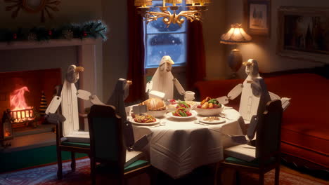 a festive holiday dinner scene with paper-cutout figures