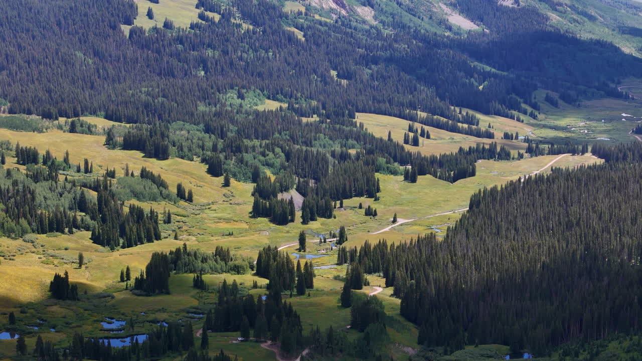 Drone Shot of Scenic Mountain Valley in Summer Season, Pine Forest and Grassland, Colorado USA