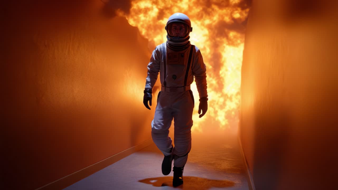 Un astronauta avanza coraggiosamente attraverso un corridoio infuocato, rappresentando determinazione e resilienza di fronte a ostacoli insormontabili e sfide scoraggianti.