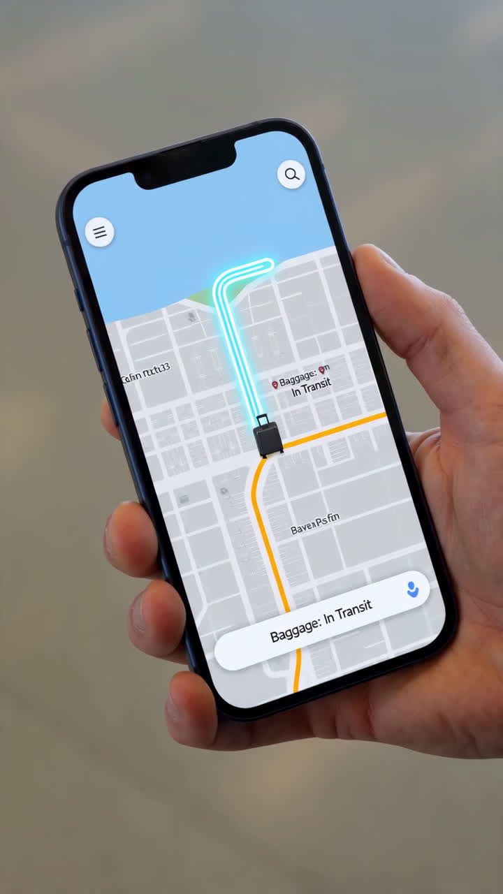 Uomo bianco che traccia i bagagli tramite mappa dello smartphone, in un terminal aeroportuale affollato, con zaino, verifica in tempo reale