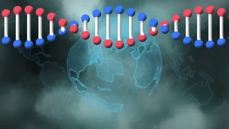 추상적인 배경에 지도와 안개를 가진 디지털 회전 지구 위의 dna 나선의 애니메이션
