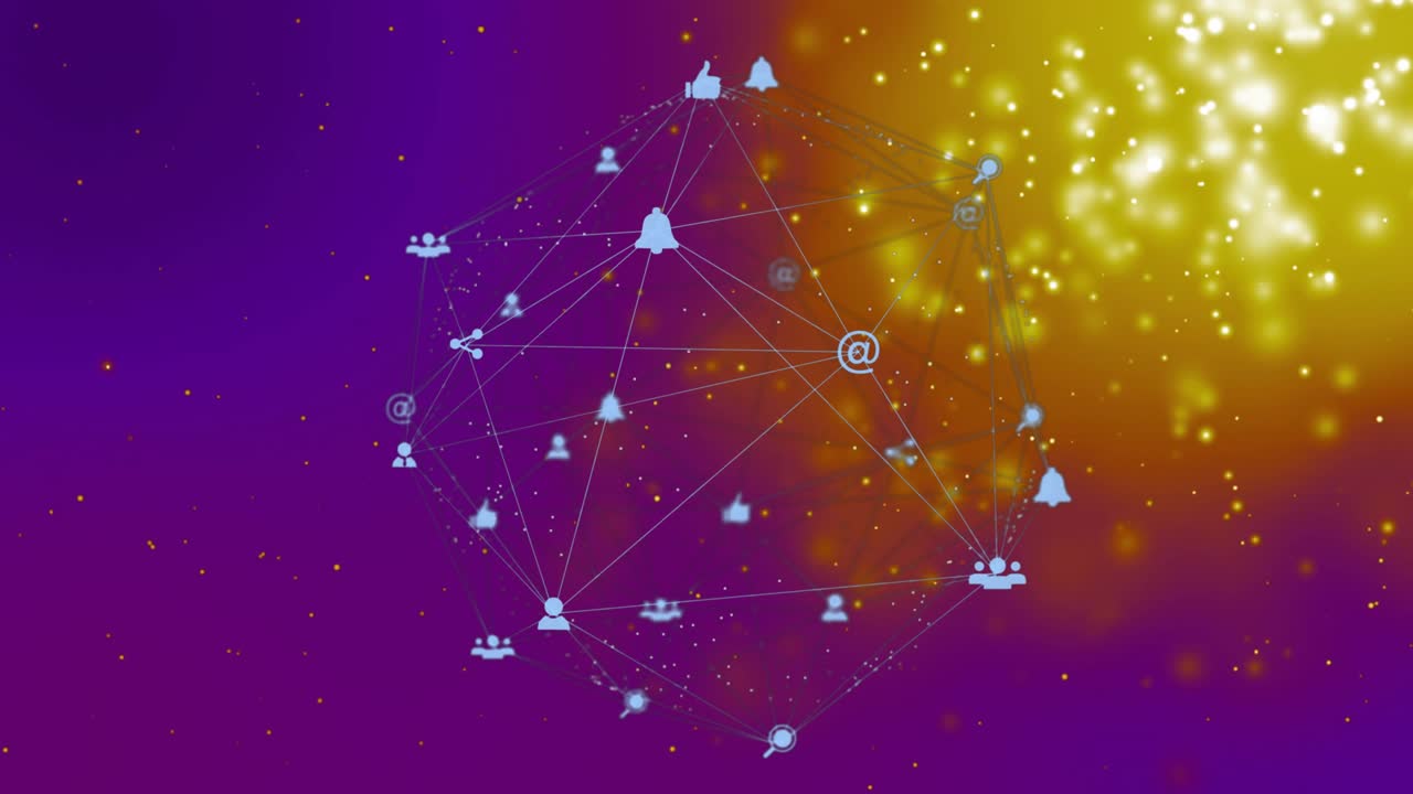 Opening with faint wireframe, network sphere rotating, icons fading and pulsing for connectivity