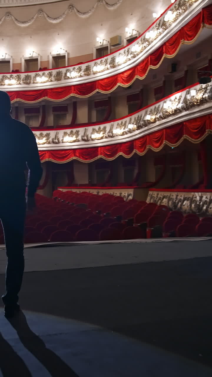 No people in theater auditorium. Actor has rehearsal in front of empty hall. Vertical video