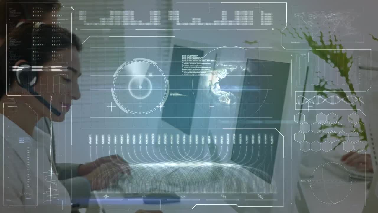 animación del procesamiento de datos financieros sobre personas de negocios que trabajan en la oficina