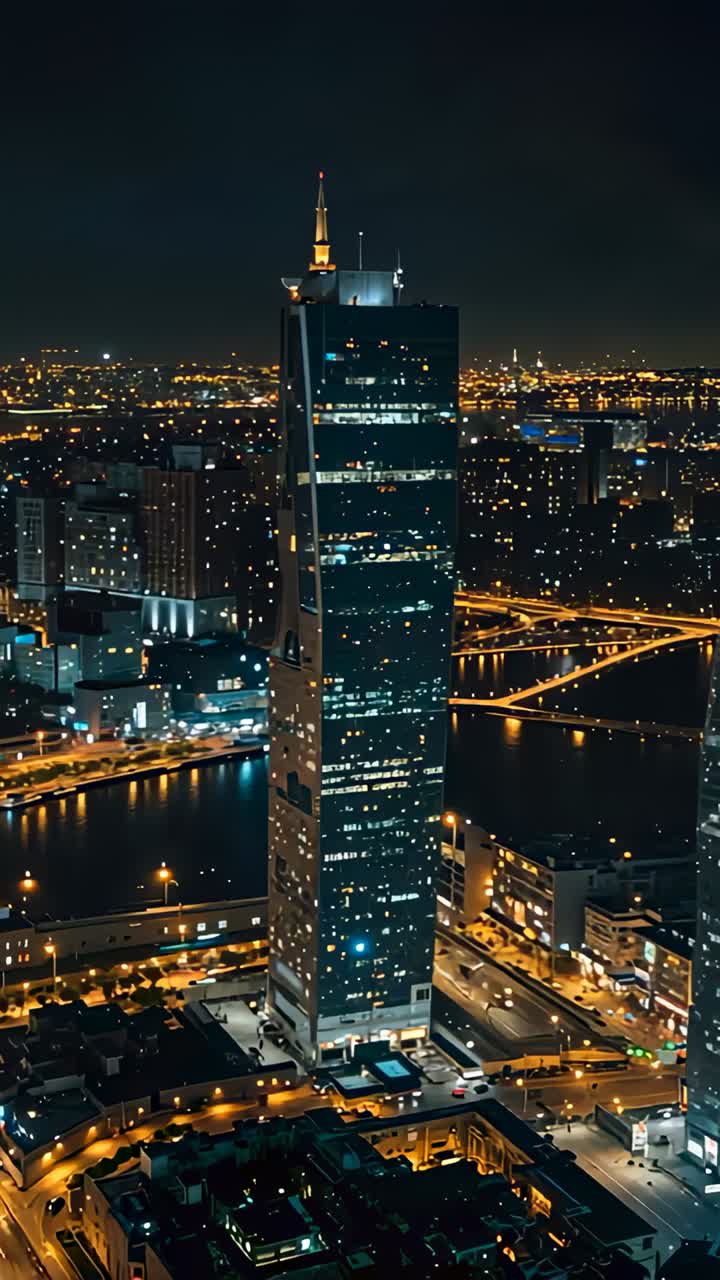 Vertical video: Opening camera panning night riverfront, revealing high-rise spire and lit highways