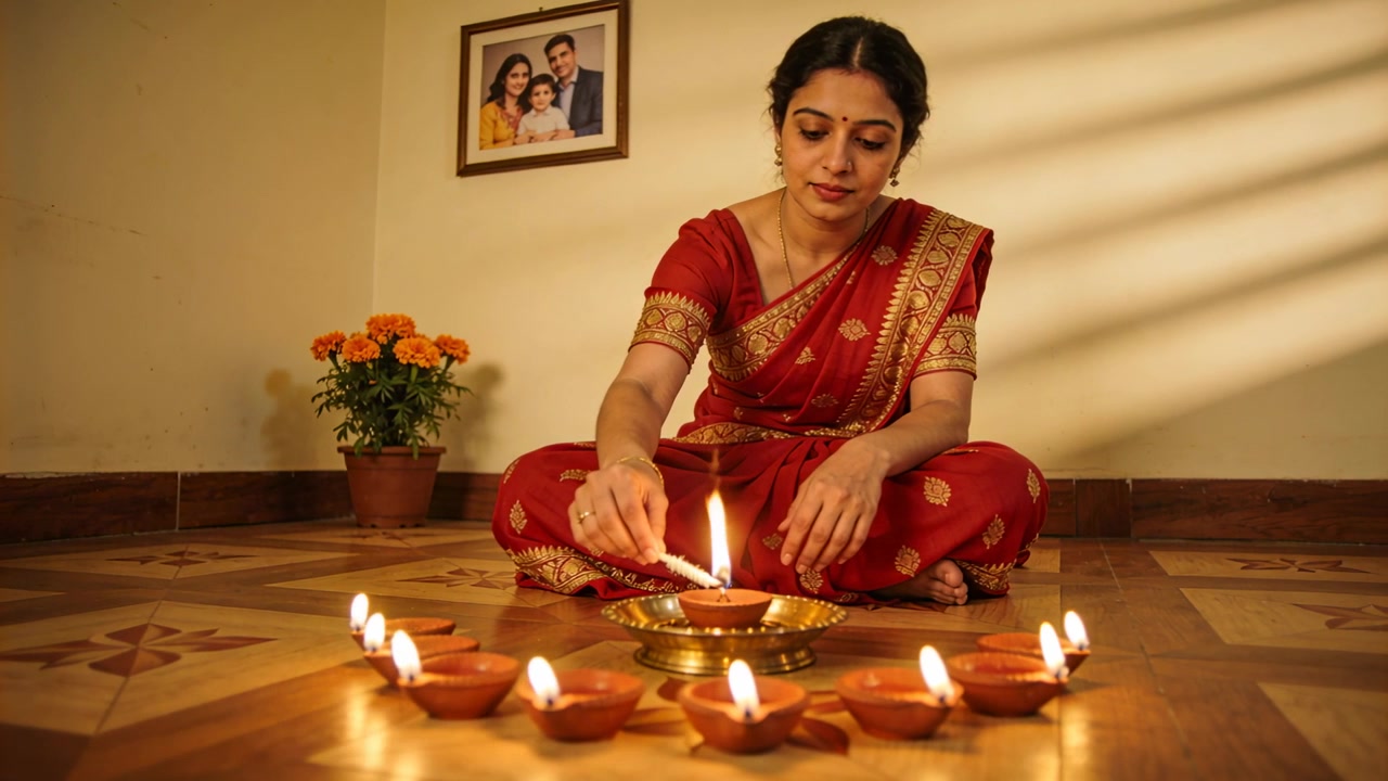 Placing lit lamp, woman in red saree lighting diyas using brass plate at home performing ritual