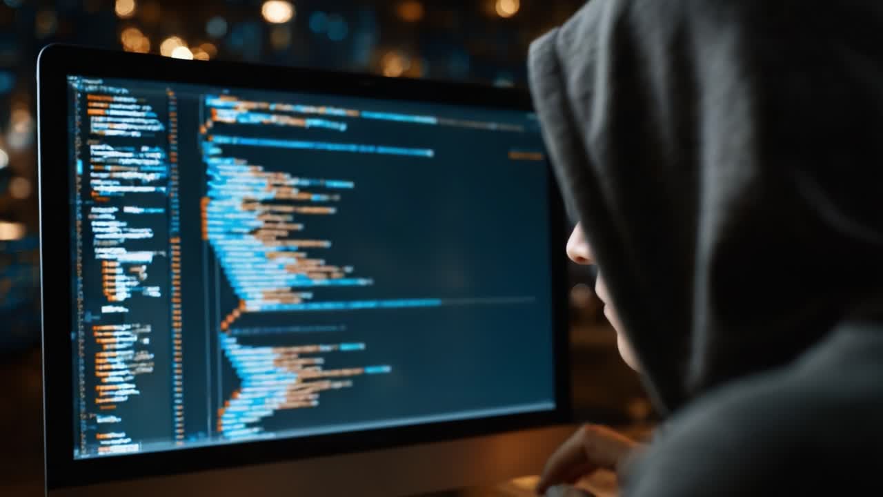 A Focused Individual Analyzing Complex Code on a Computer Screen, Highlighting Technical Skills and Concentration in a Dimly Lit Environment