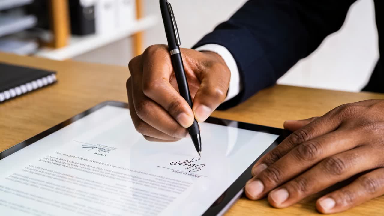 Signing executive wearing suit cuff tracing signature after document prompt at desk with tablet pen
