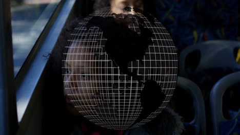 female teenager gazing out bus window, showcasing wireframe globe animation for technology
