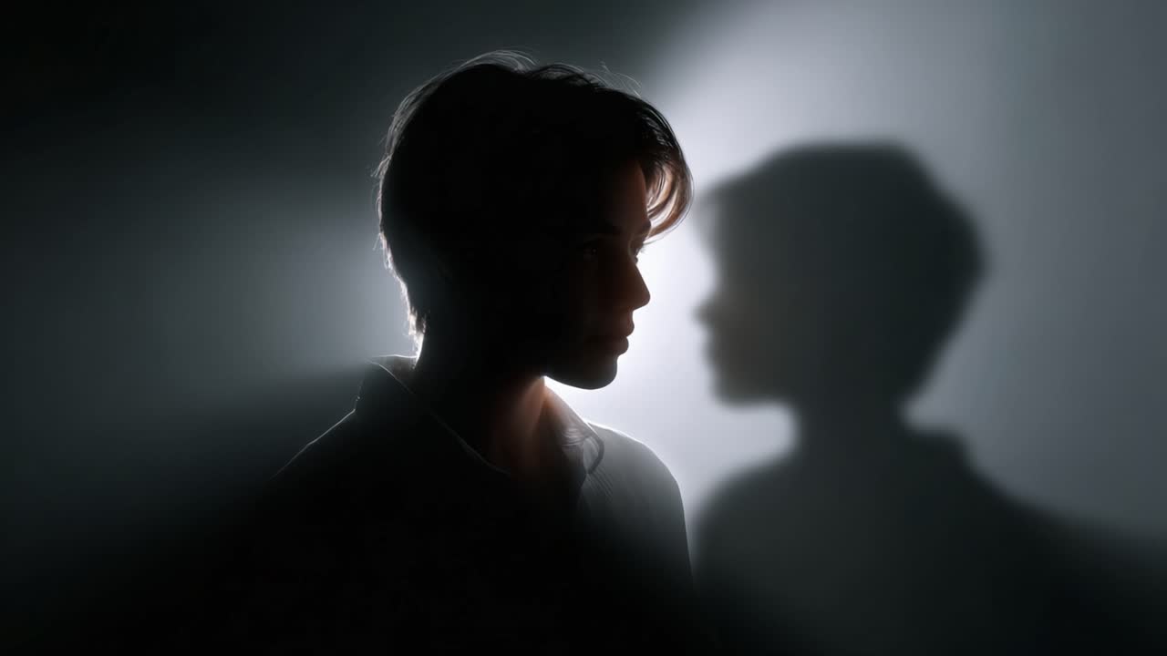 Esplorando l'identità e la riflessione: una silhouette cattura l'essenza della contemplazione e dell'emozione in un ambiente delicatamente illuminato, evidenziando la dualità e i pensieri interiori