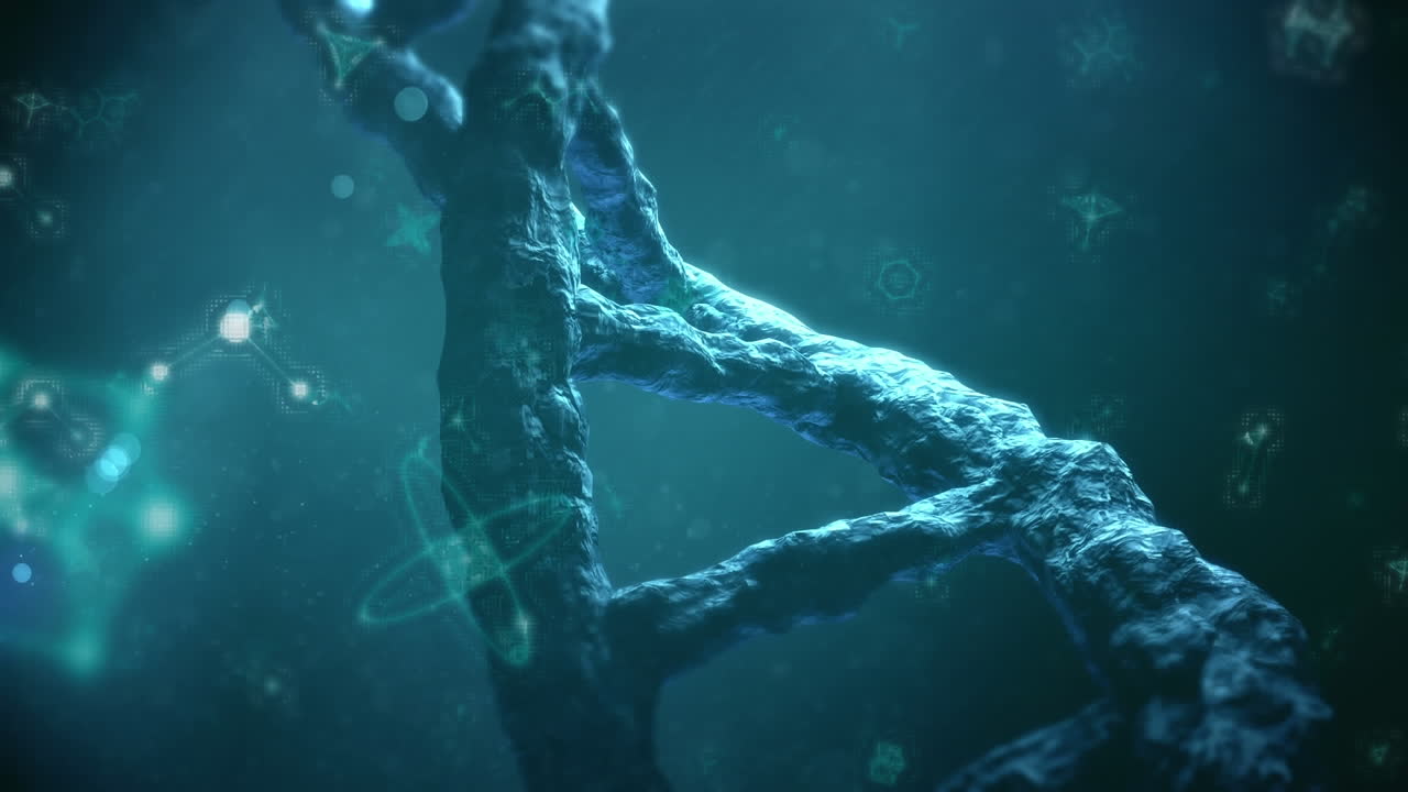 animación de moléculas y elementos químicos y cepas de adn flotando sobre un fondo azul
