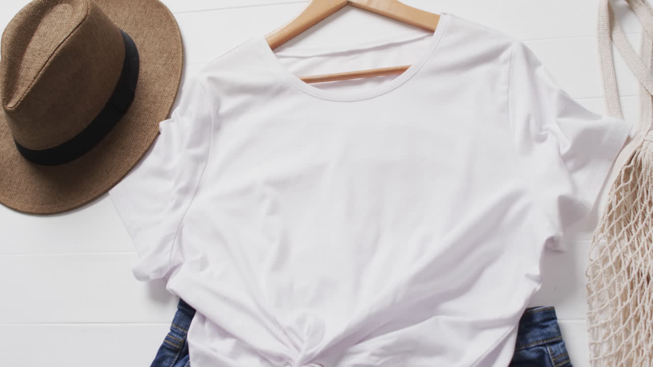 Video di una maglietta bianca, pantaloncini in denim, un cappello, una borsa e spazio per il testo su sfondo bianco.