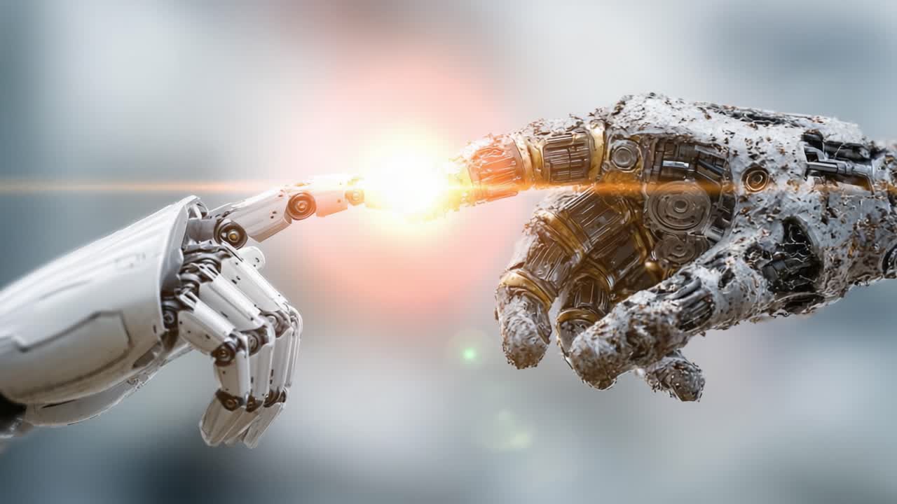 A Stunning Moment of Connection: The Intriguing Interaction Between Two Advanced Robotic Hands Symbolizing Human-Machine Collaboration and the Future of Technology