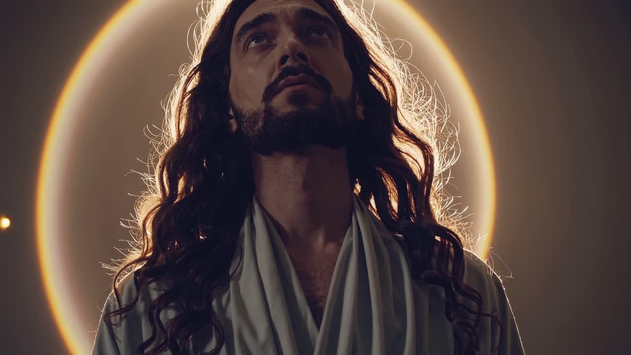 Figura di Gesù Cristo con aureola che guarda in alto nella luce divina