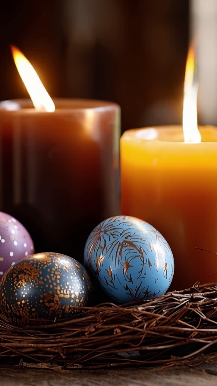 Beautifully Decorated Easter Eggs Next to Warm Candles Creating a Cozy Atmosphere for Festive Celebrations and Springtime Gatherings