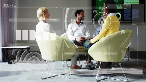 animation of data processing and diagrams over diverse colleagues at meeting in office