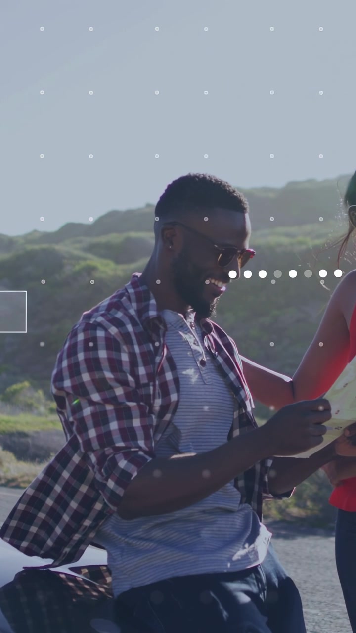 Vertical video: Man tilting device to share, tapping while woman walking, tech overlays appearing
