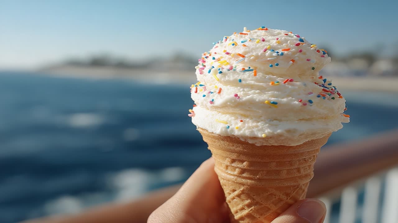 Gustare un delizioso cono gelato guarnito con codette colorate su una splendida vista mare, perfetto per un dolce sfizio in una giornata calda.