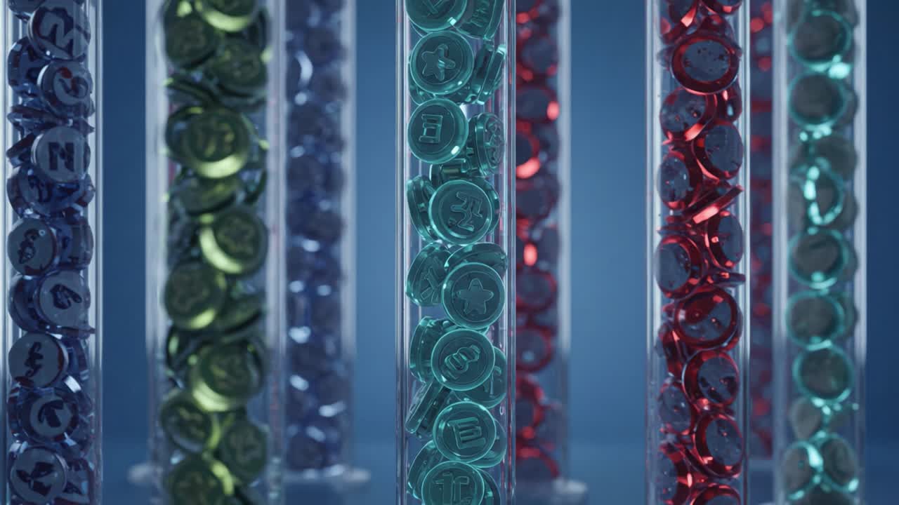 A Colorful Display of Tokens in Clear Tubes Representing Various Symbols and Designs, Capturing the Intriguing Patterns and Organization of Each Collection
