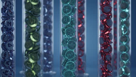 a colorful display of tokens in clear tubes representing various symbols and designs, capturing the intriguing patterns and organization of each collection