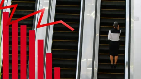 animation of red graphs over back view of businesswoman using smartphone on escalator