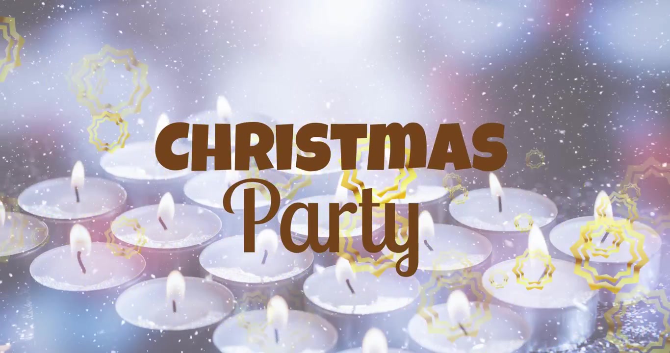 Animation af sne og gyldne stjerner, der falder over et julefrokost-tekstbanner og brændende stearinlys