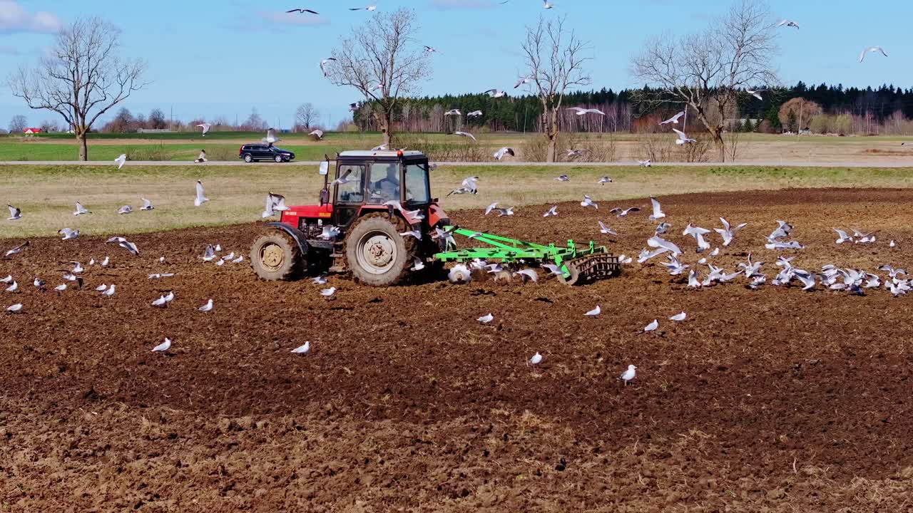 Drone shot of tractor plowing brown soil surrounded by seagulls under blue sky