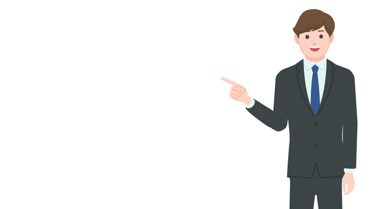 Talking businessman pointing at something isolated on white background