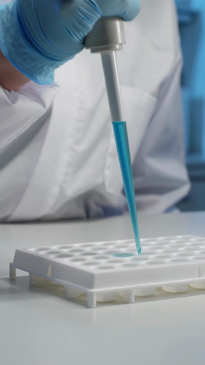 Vertical video: Lowering pipette with blue tip, lab tech in PPE pipetting droplet into well plate