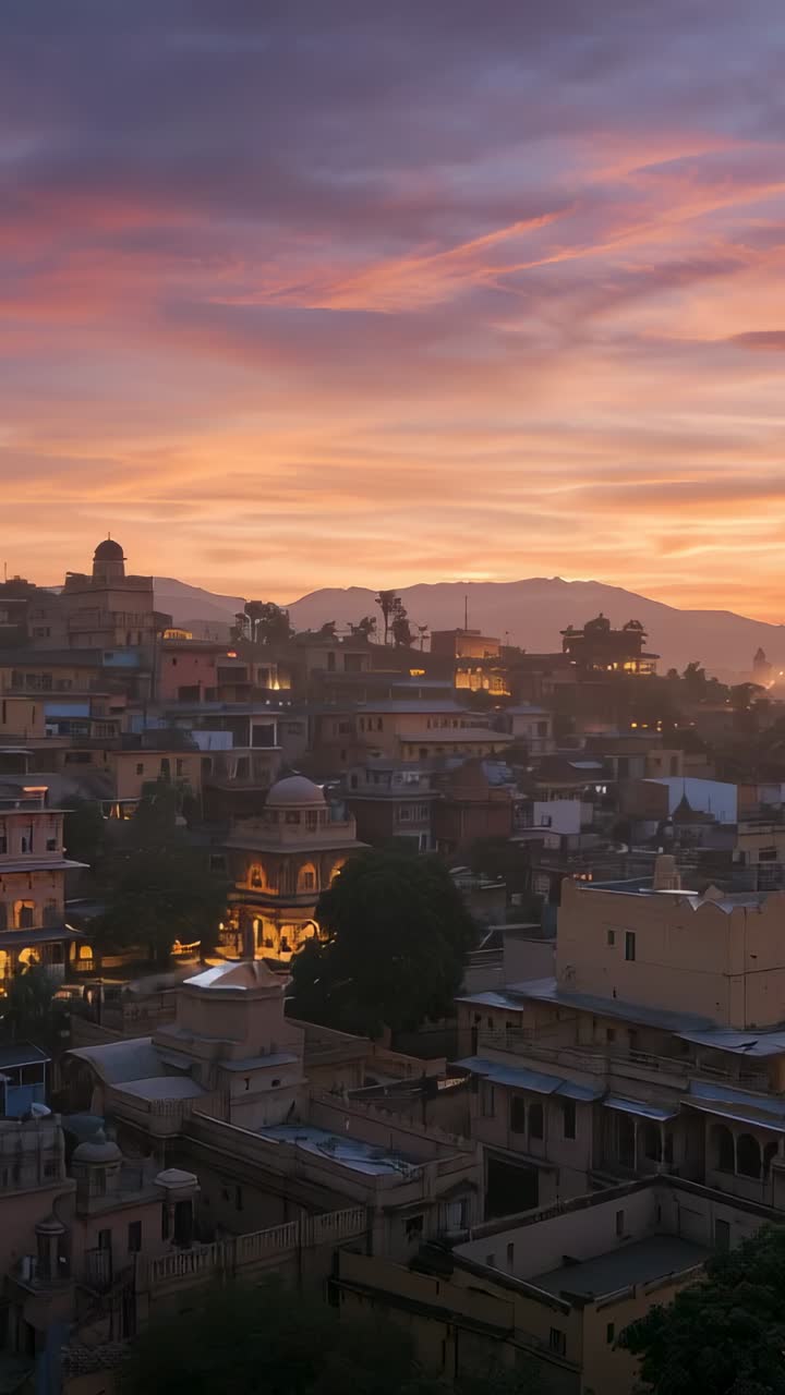 Vertical video: Shifting clouds causing sky hue shifting, domed turrets glowing over city at sunset