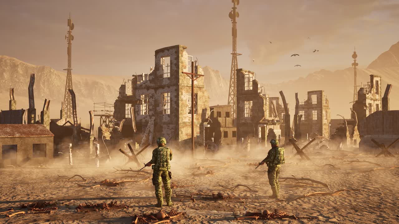 Dystopian, post apocalyptic ruined destroyed city on desert arid environment, on sunset, with bones scattered all over, dust particles, and 2 soldiers guarding, 3D animation, slow zoom out