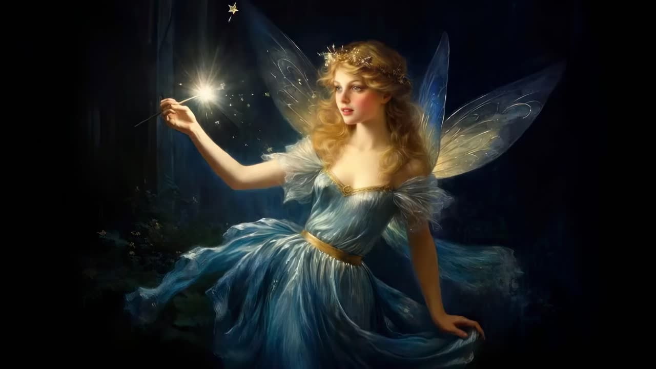 A whimsical fairy in a blue dress holding a glowing wand, captured in a low-angle shot