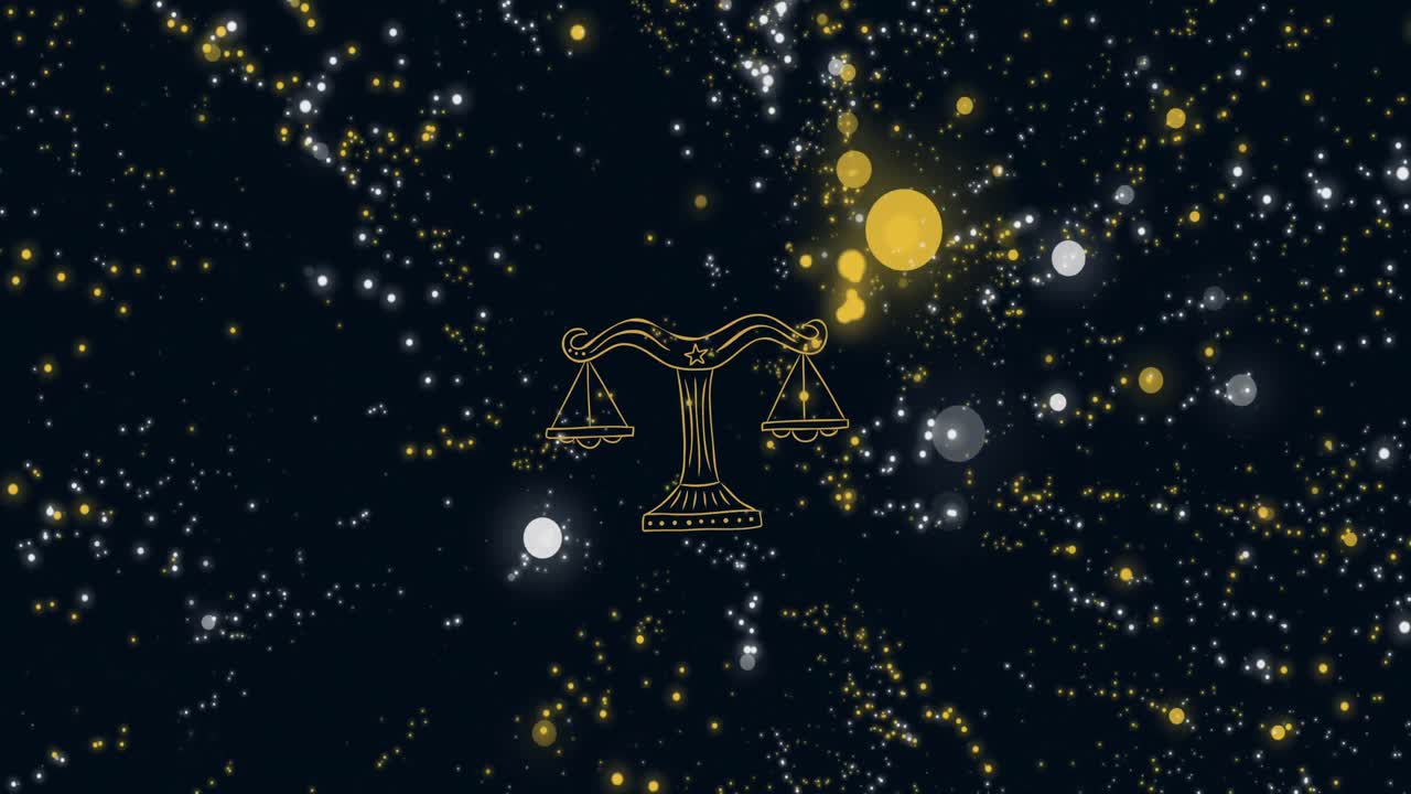 animación de la escala de peso del signo zodiacal de libra sobre destellos de lentes flotantes iluminados