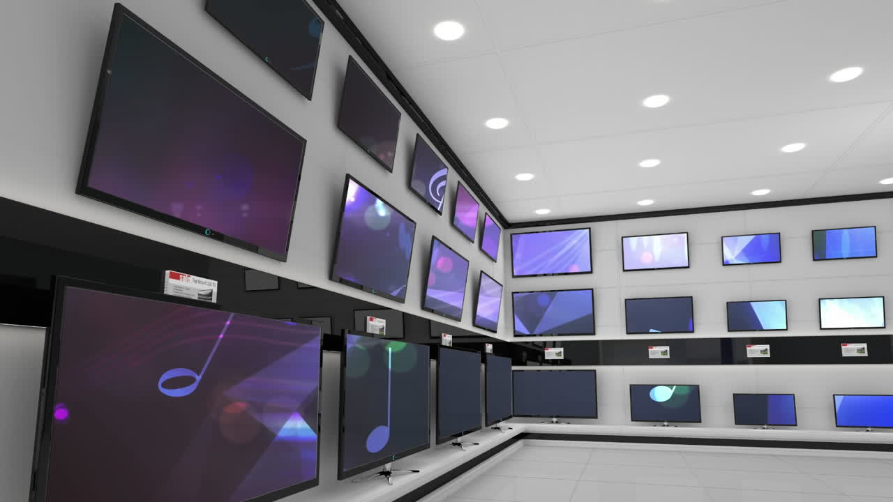 여러 텔레비전의 스크린에서 동기화 된 비디오를 재생 하는 전자 제품 상점의 내부
