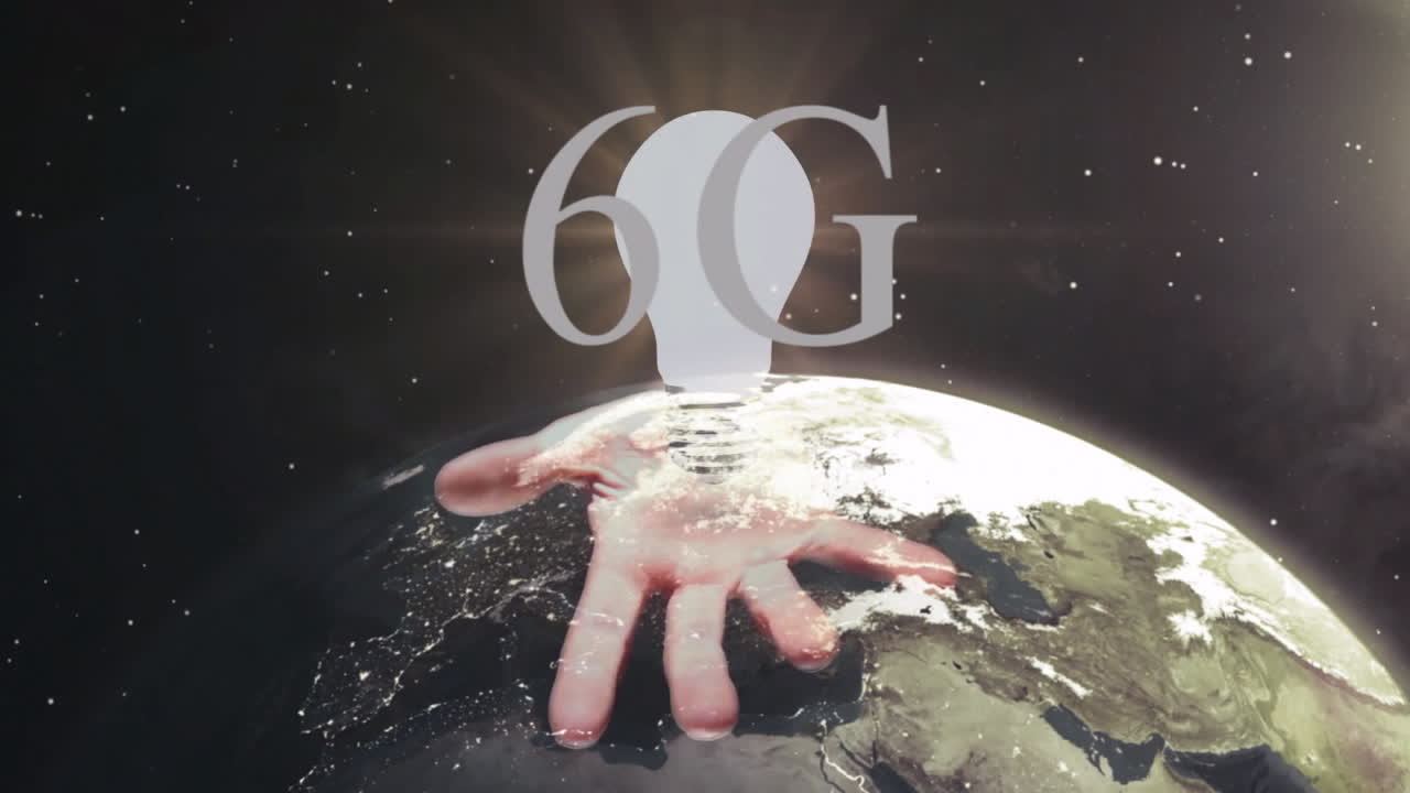 Reaching over Earth, hand holding light bulb with 6G animation concept